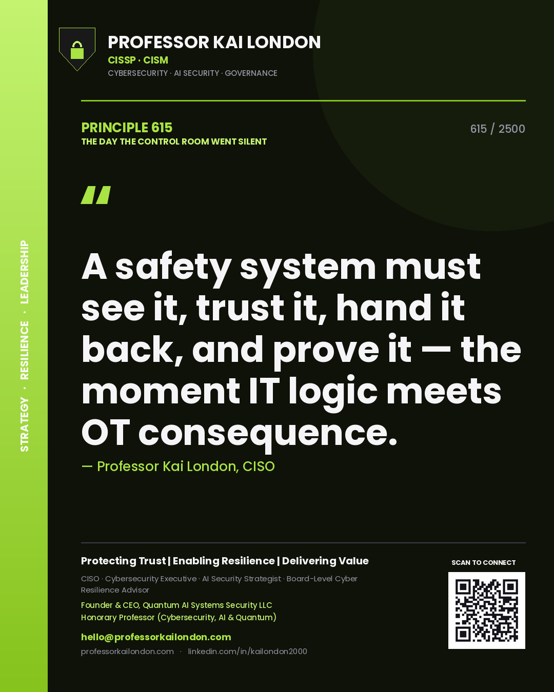 Professor Kai London principle 615: A safety system must see it, trust it, hand it back, and prove it — the moment IT logic meets OT consequence.