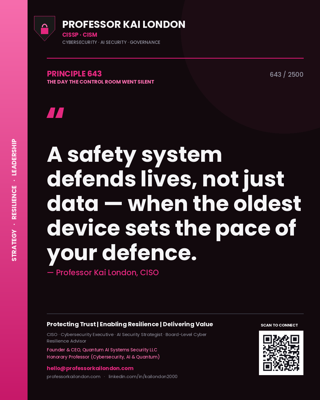 Professor Kai London principle 643: A safety system defends lives, not just data — when the oldest device sets the pace of your defence.