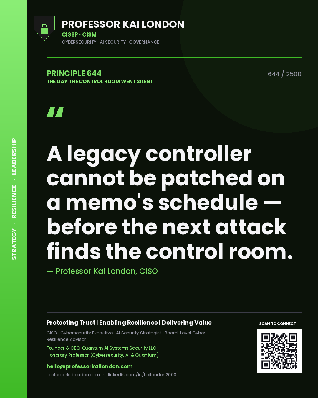 Professor Kai London principle 644: A legacy controller cannot be patched on a memo's schedule — before the next attack finds the control room.