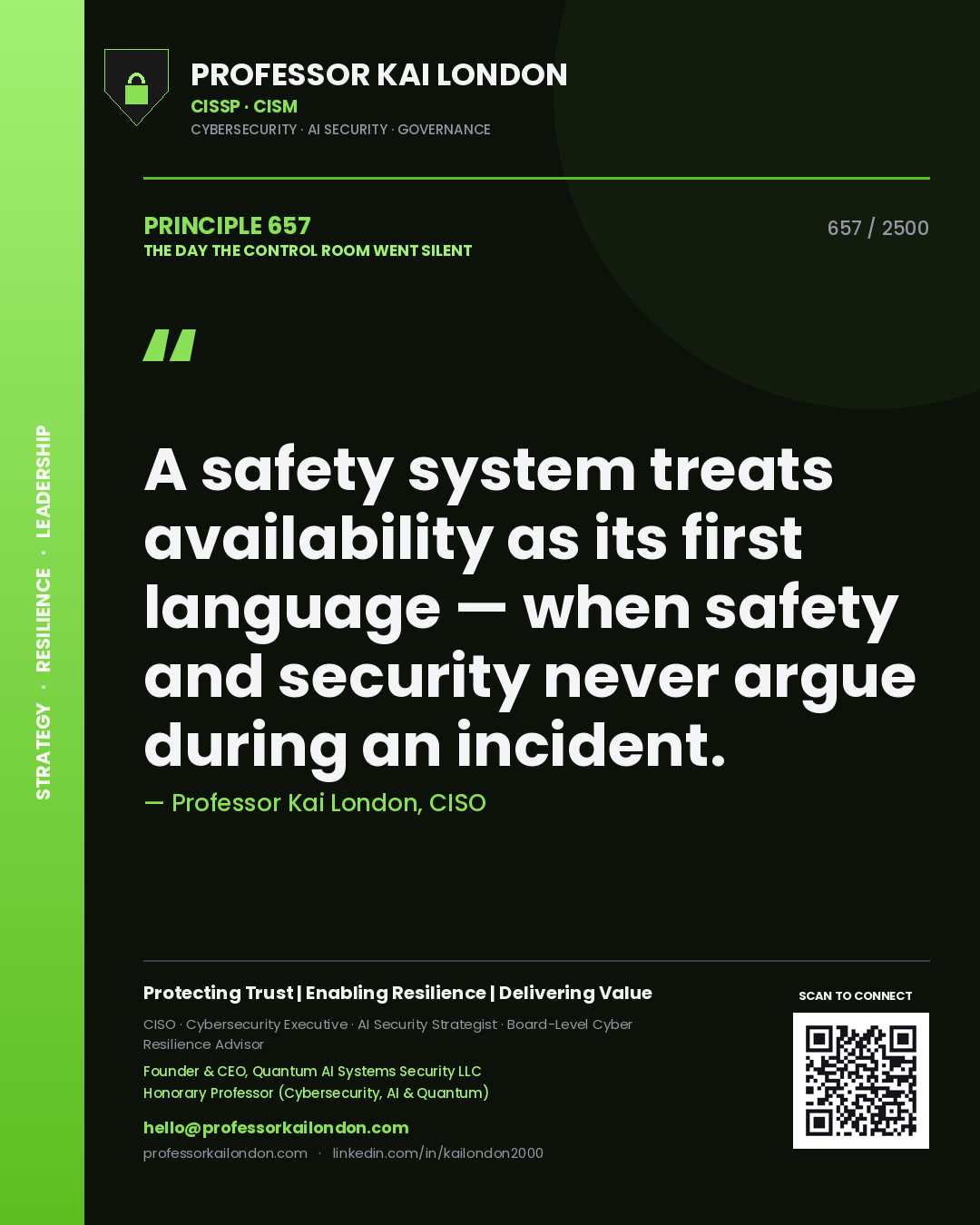 Professor Kai London principle 657: A safety system treats availability as its first language — when safety and security never argue during an incident.