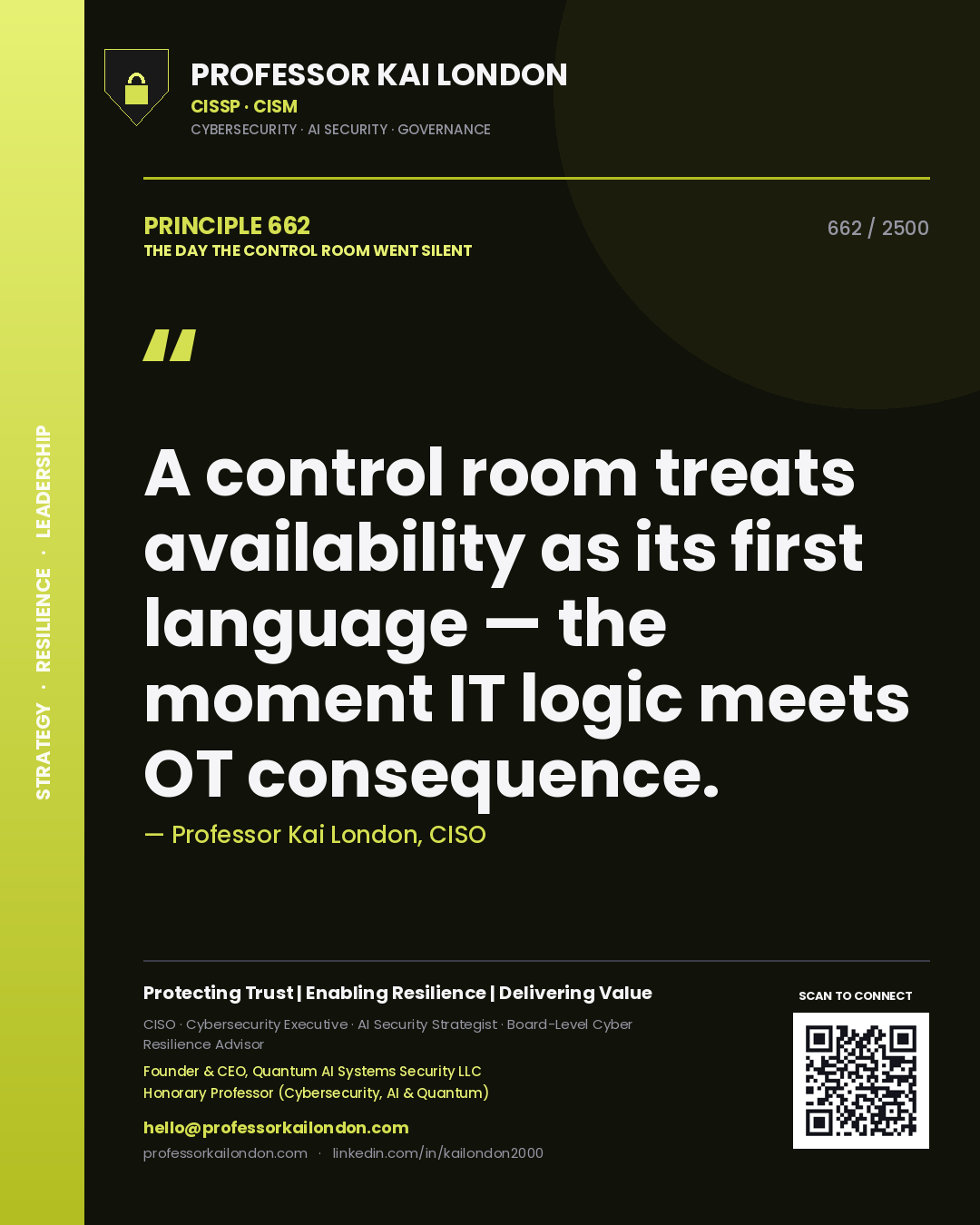 Professor Kai London principle 662: A control room treats availability as its first language — the moment IT logic meets OT consequence.
