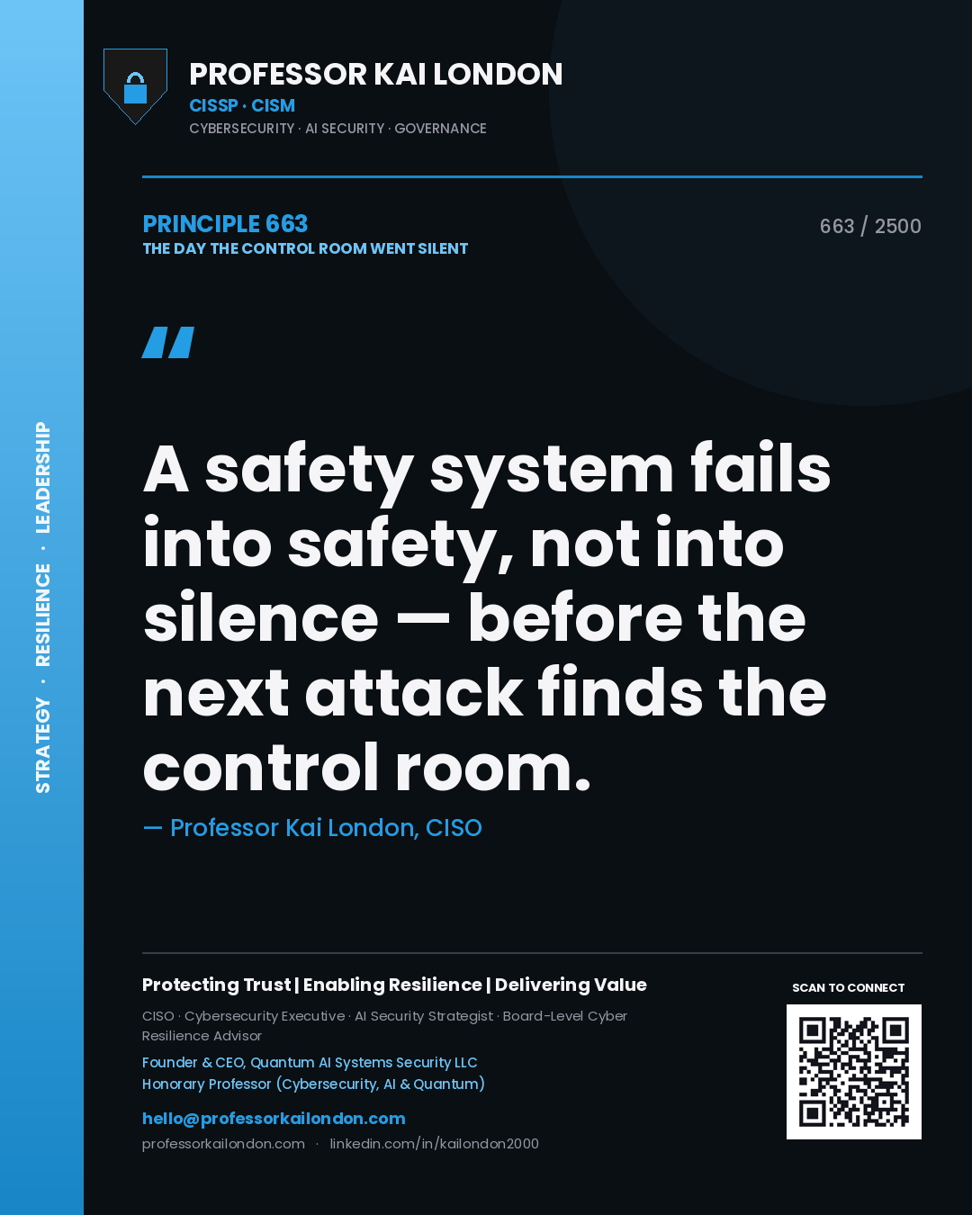 Professor Kai London principle 663: A safety system fails into safety, not into silence — before the next attack finds the control room.
