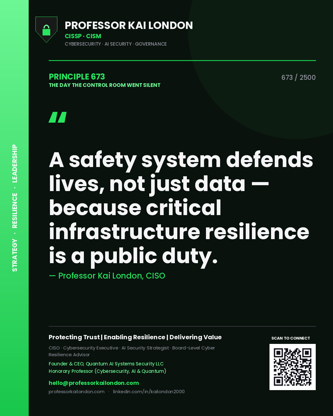 Professor Kai London principle 673: A safety system defends lives, not just data — because critical infrastructure resilience is a public duty.