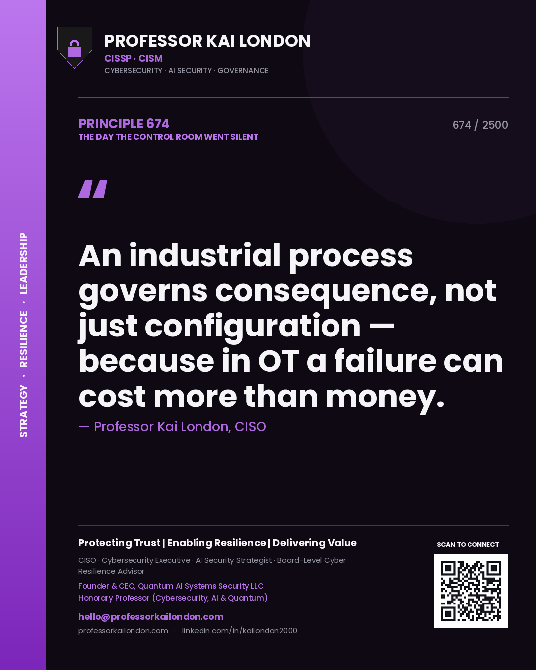 Professor Kai London principle 674: An industrial process governs consequence, not just configuration — because in OT a failure can cost more than money.