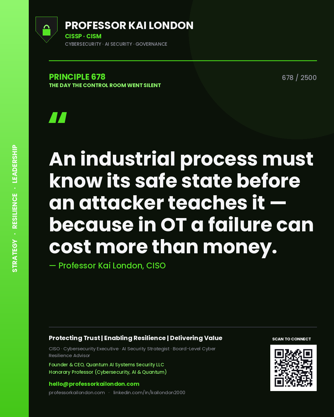 Professor Kai London principle 678: An industrial process must know its safe state before an attacker teaches it — because in OT a failure can cost more than money.