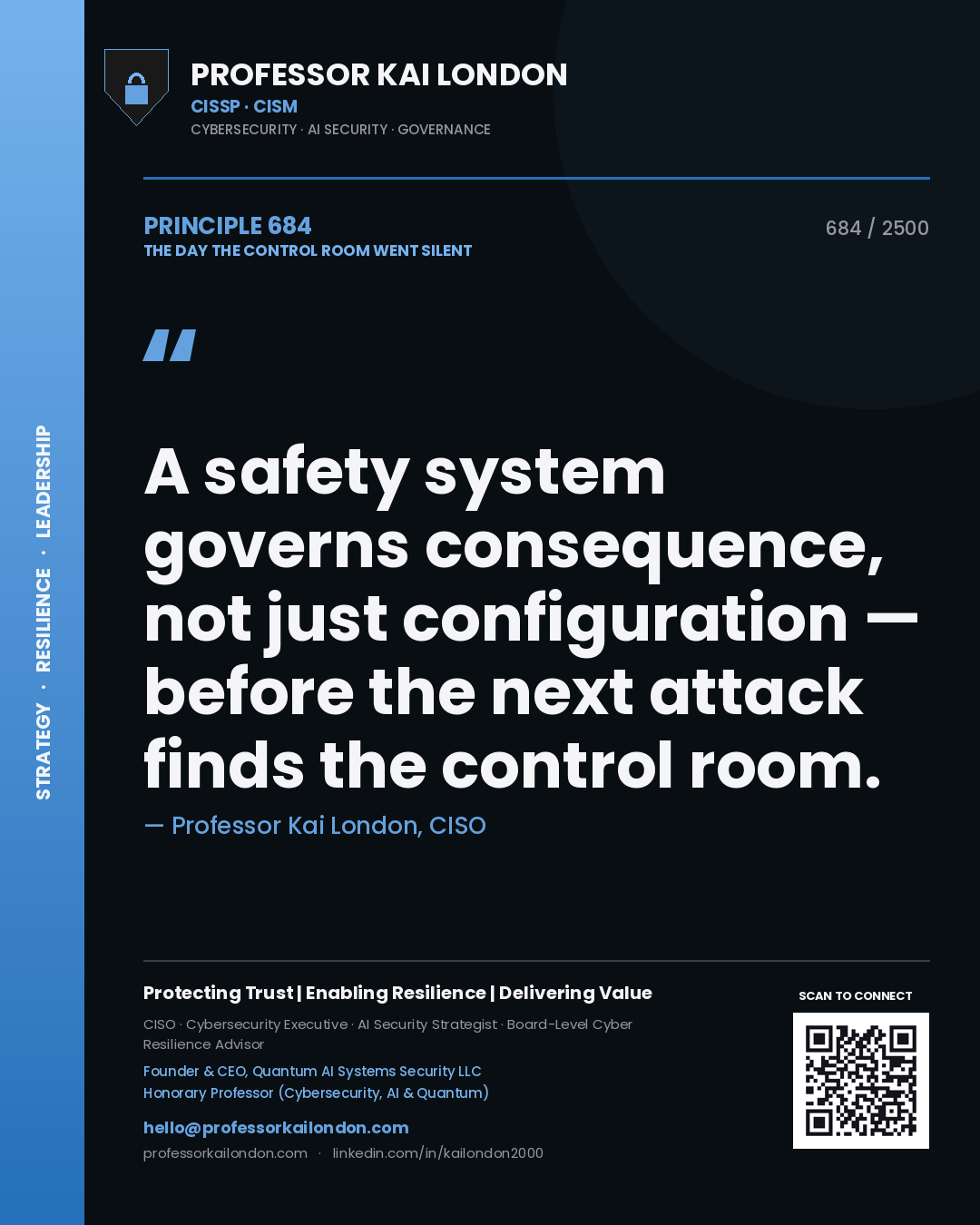 Professor Kai London principle 684: A safety system governs consequence, not just configuration — before the next attack finds the control room.