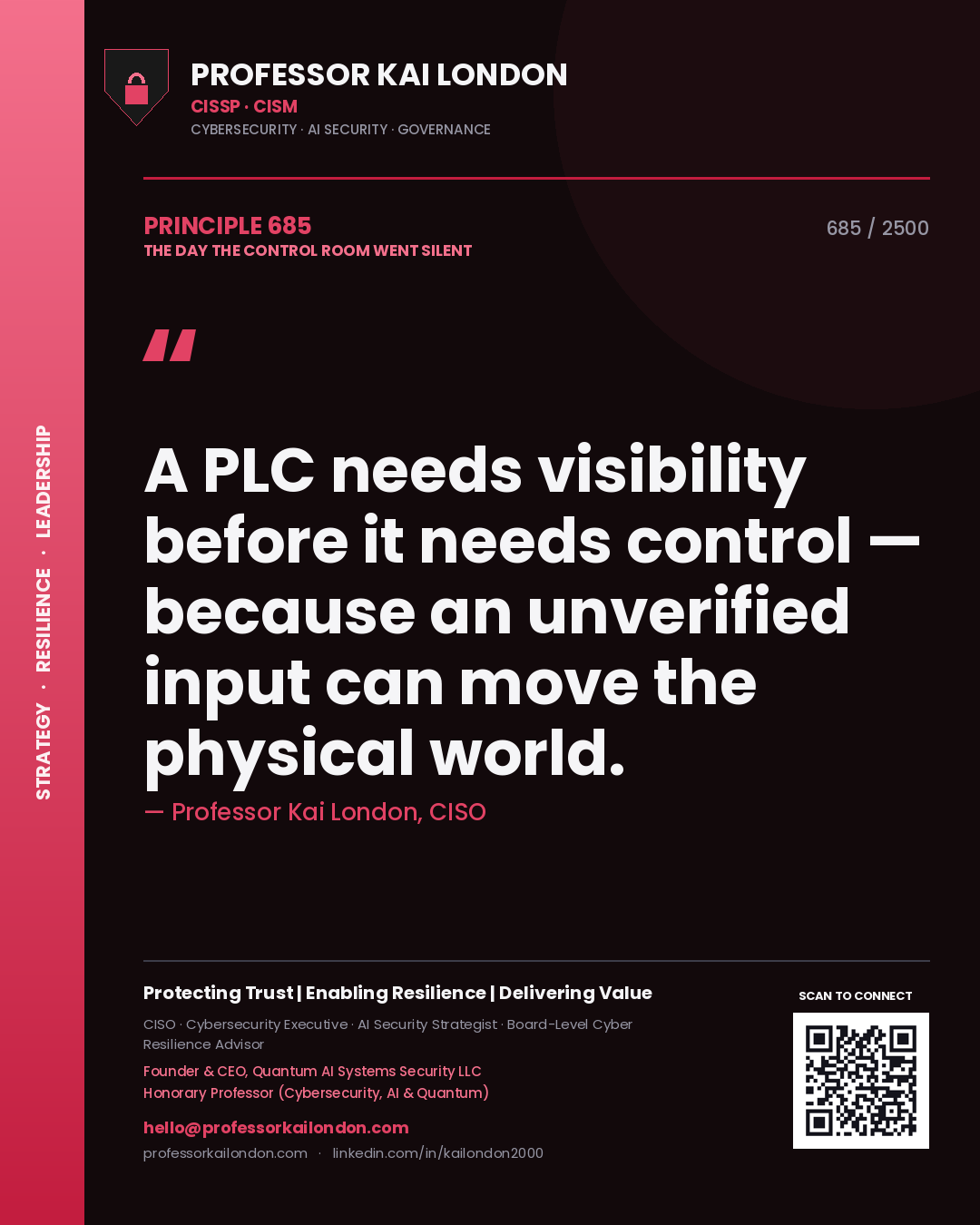 Professor Kai London principle 685: A PLC needs visibility before it needs control — because an unverified input can move the physical world.