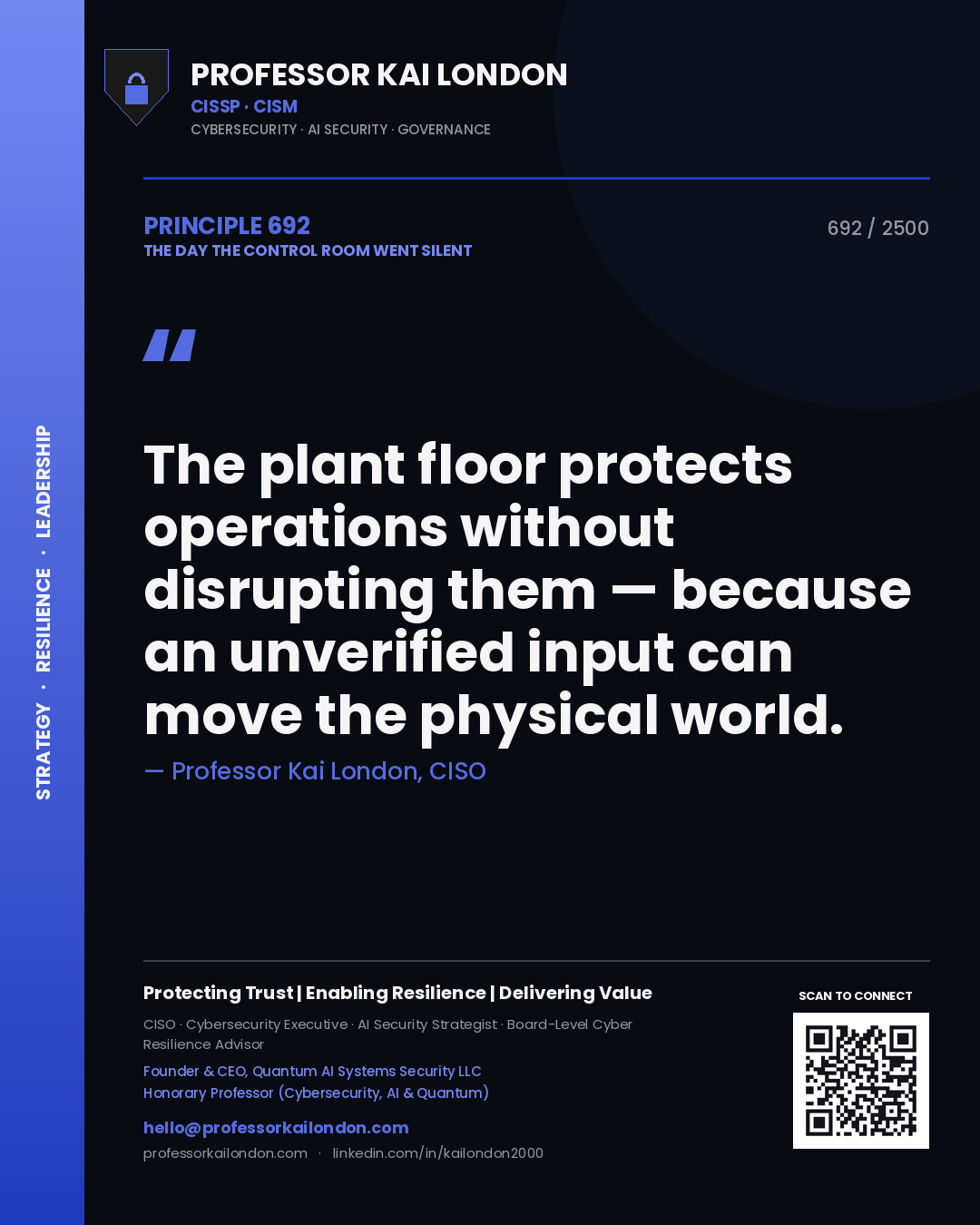 Professor Kai London principle 692: The plant floor protects operations without disrupting them — because an unverified input can move the physical world.