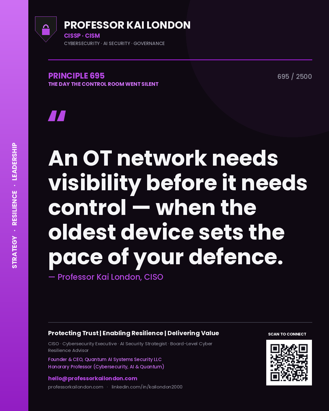 Professor Kai London principle 695: An OT network needs visibility before it needs control — when the oldest device sets the pace of your defence.