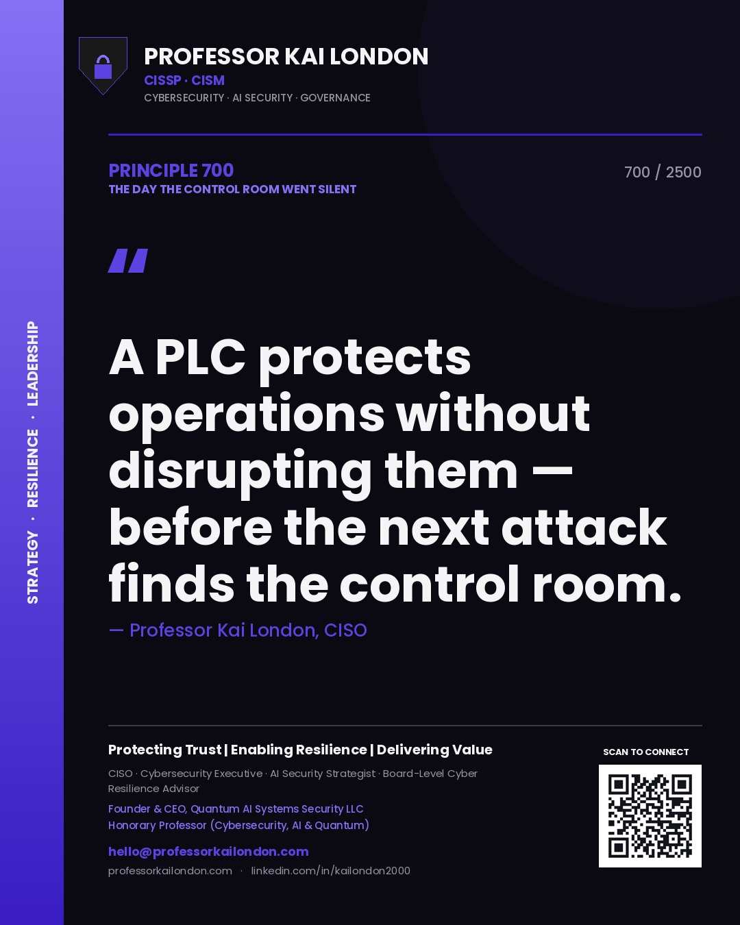 Professor Kai London principle 700: A PLC protects operations without disrupting them — before the next attack finds the control room.