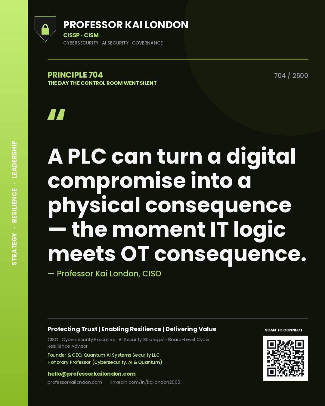 Professor Kai London principle 704: A PLC can turn a digital compromise into a physical consequence — the moment IT logic meets OT consequence.