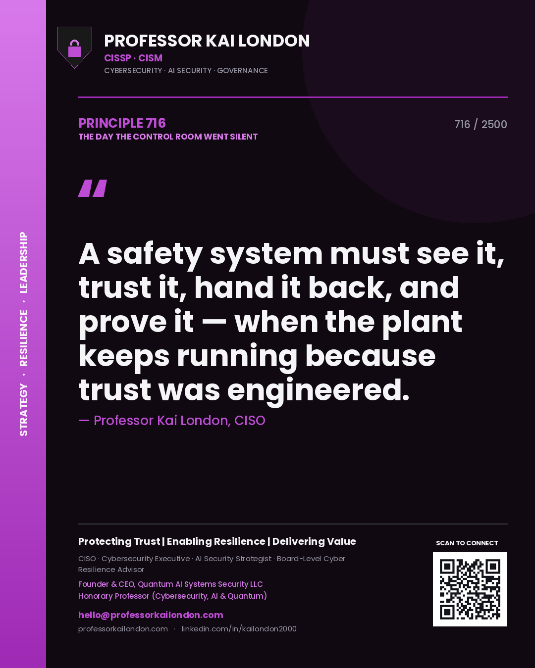 Professor Kai London principle 716: A safety system must see it, trust it, hand it back, and prove it — when the plant keeps running because trust was engineered.