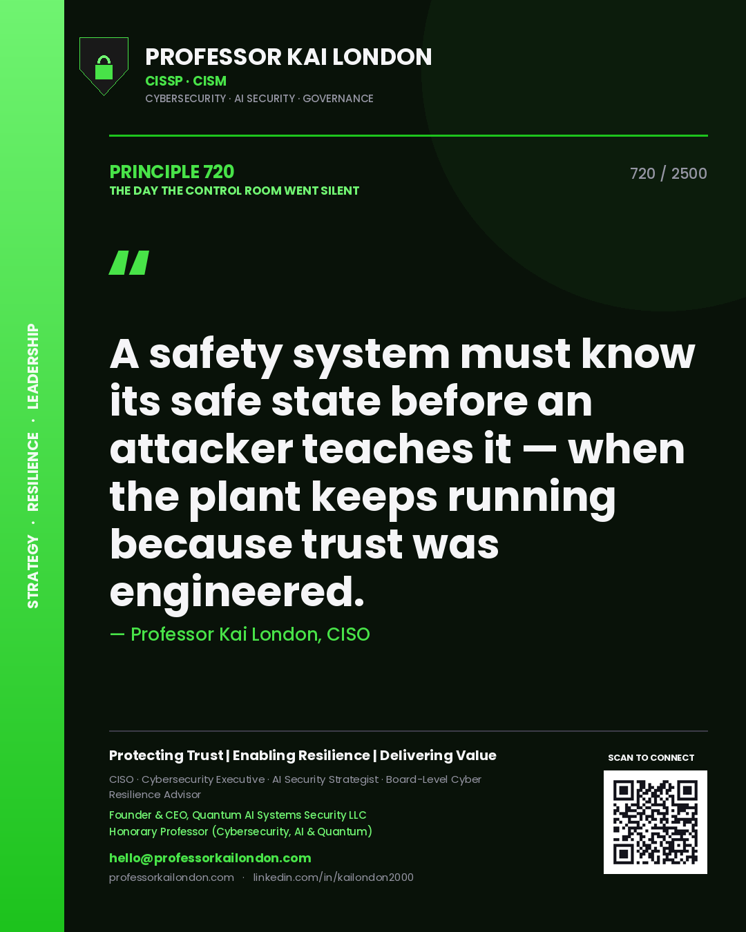 Professor Kai London principle 720: A safety system must know its safe state before an attacker teaches it — when the plant keeps running because trust was engineered.