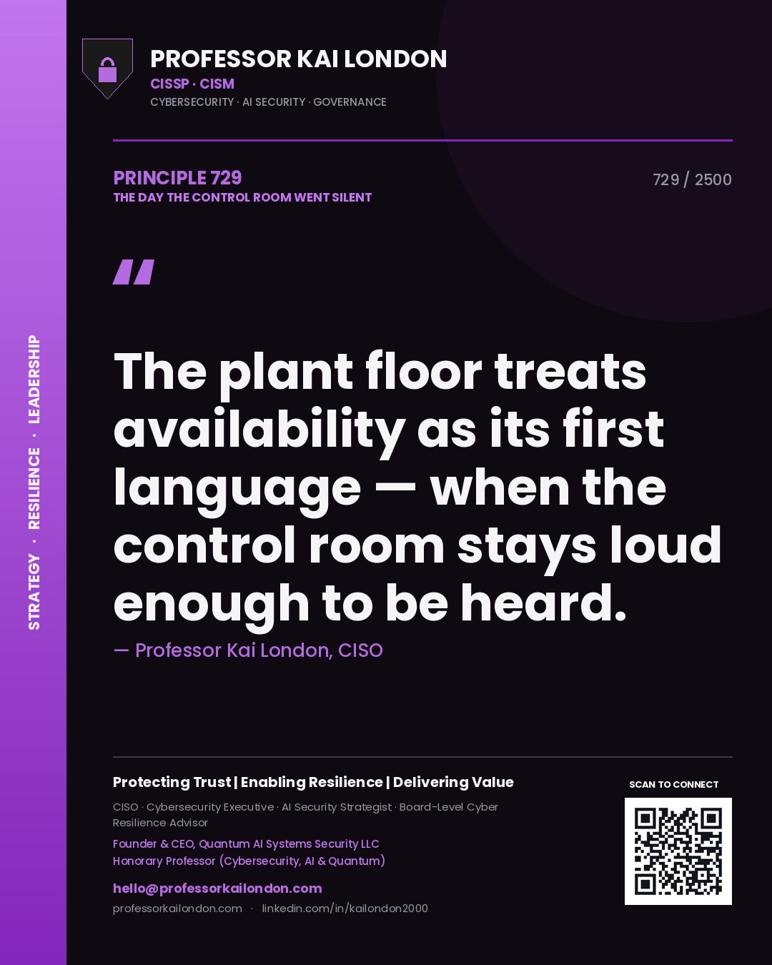 Professor Kai London principle 729: The plant floor treats availability as its first language — when the control room stays loud enough to be heard.