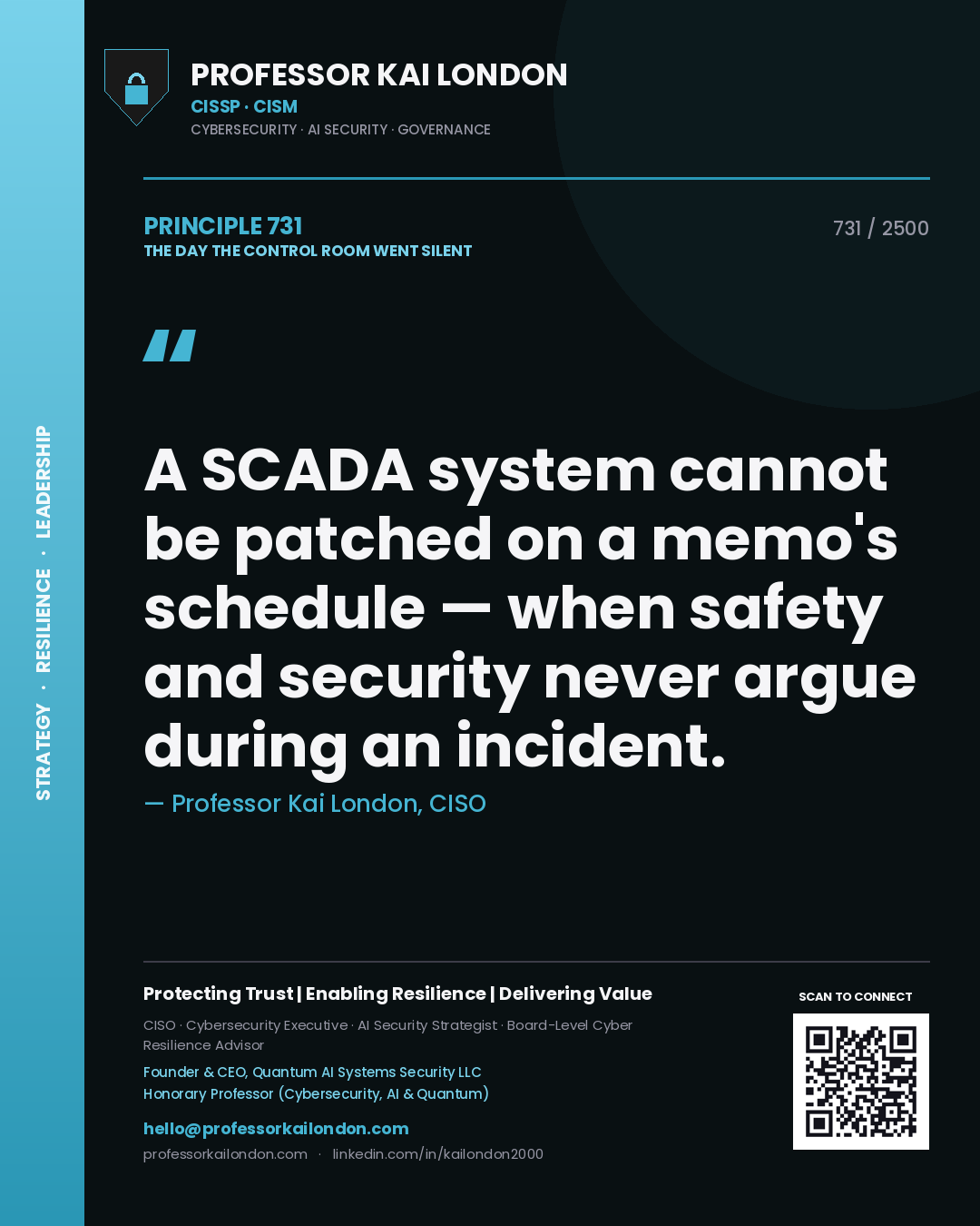 Professor Kai London principle 731: A SCADA system cannot be patched on a memo's schedule — when safety and security never argue during an incident.
