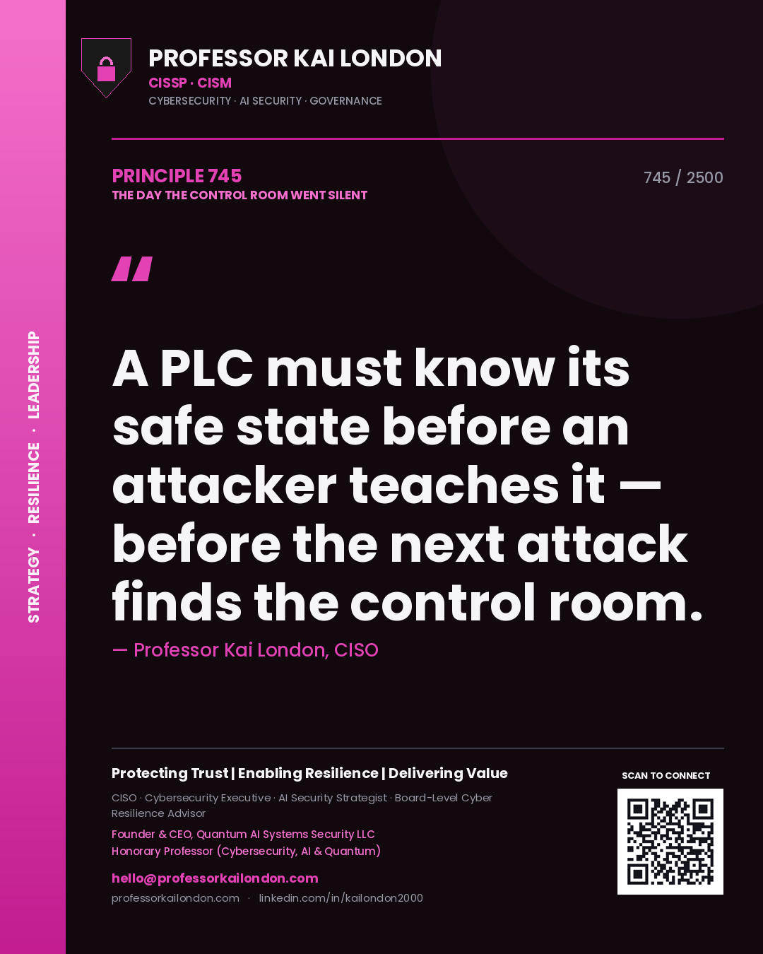 Professor Kai London principle 745: A PLC must know its safe state before an attacker teaches it — before the next attack finds the control room.