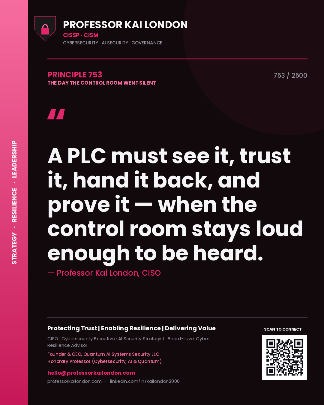 Professor Kai London principle 753: A PLC must see it, trust it, hand it back, and prove it — when the control room stays loud enough to be heard.