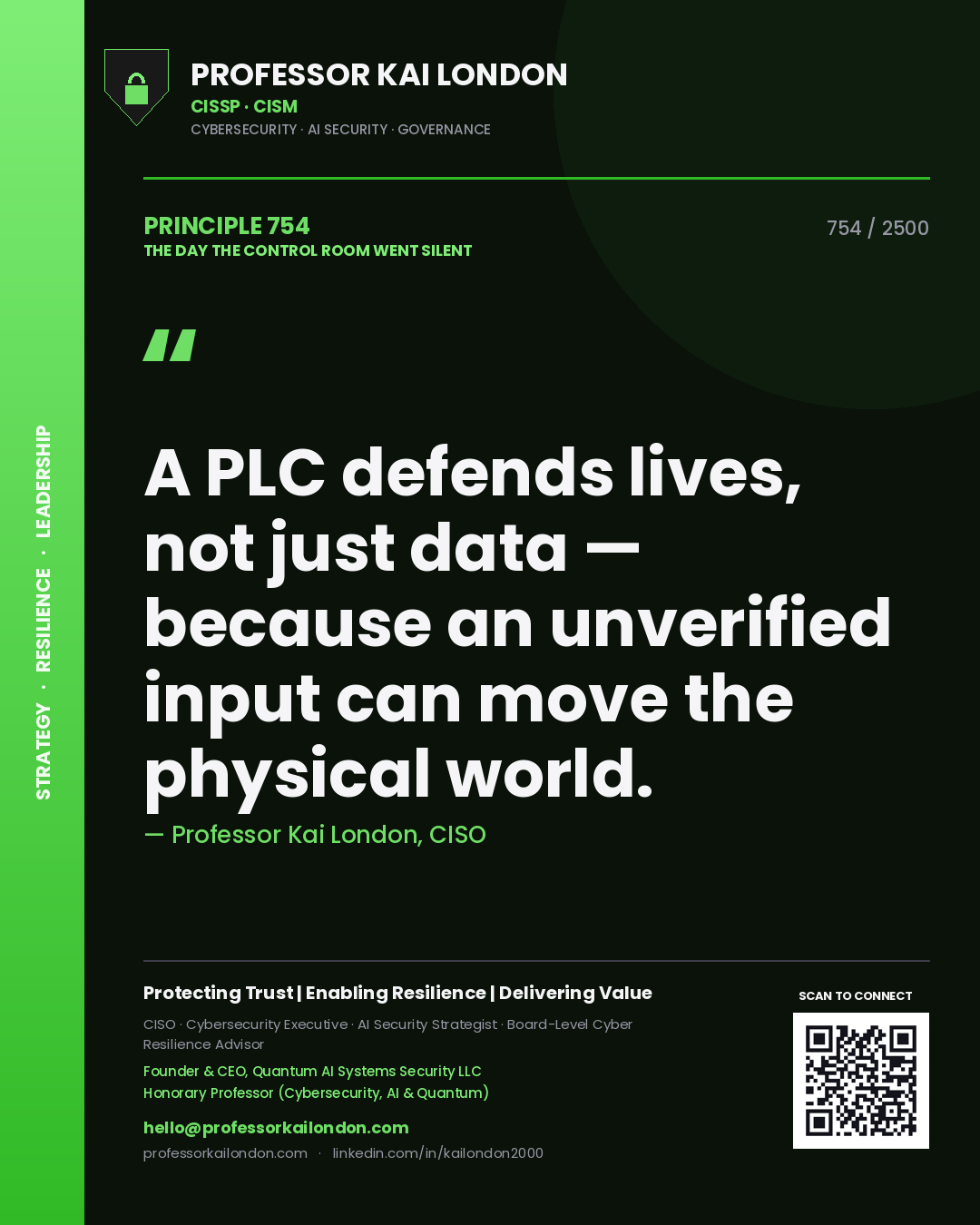 Professor Kai London principle 754: A PLC defends lives, not just data — because an unverified input can move the physical world.