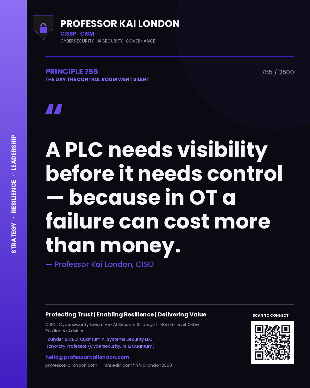 Professor Kai London principle 755: A PLC needs visibility before it needs control — because in OT a failure can cost more than money.