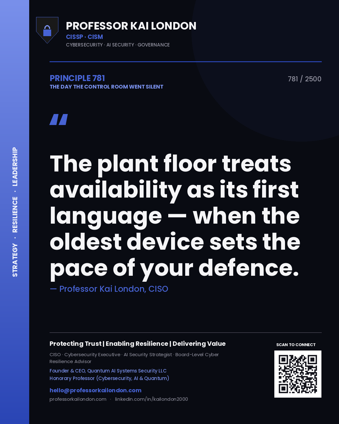 Professor Kai London principle 781: The plant floor treats availability as its first language — when the oldest device sets the pace of your defence.