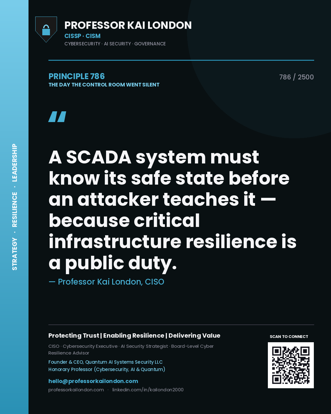 Professor Kai London principle 786: A SCADA system must know its safe state before an attacker teaches it — because critical infrastructure resilience is a public duty.