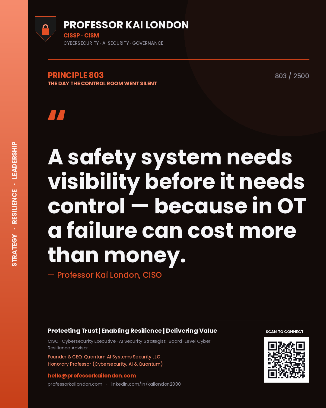 Professor Kai London principle 803: A safety system needs visibility before it needs control — because in OT a failure can cost more than money.