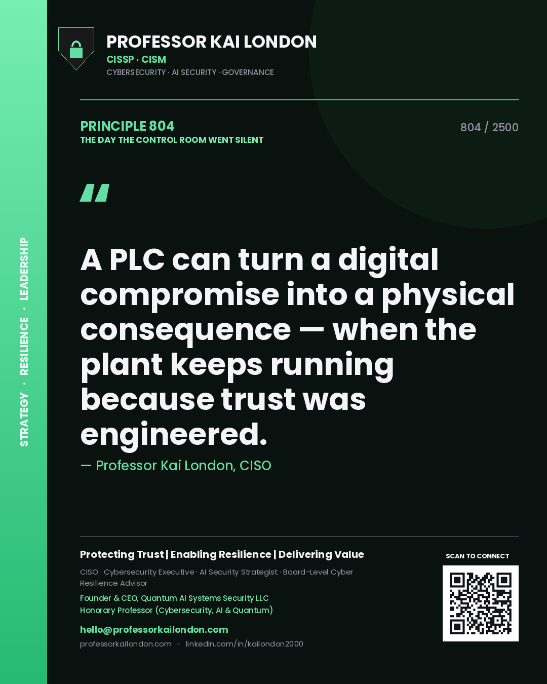 Professor Kai London principle 804: A PLC can turn a digital compromise into a physical consequence — when the plant keeps running because trust was engineered.