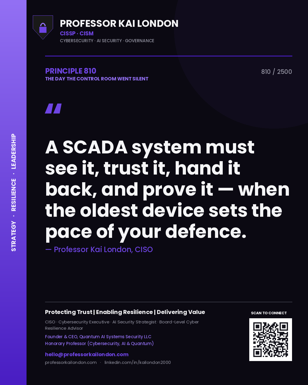 Professor Kai London principle 810: A SCADA system must see it, trust it, hand it back, and prove it — when the oldest device sets the pace of your defence.