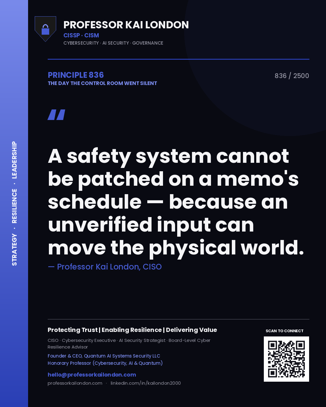 Professor Kai London principle 836: A safety system cannot be patched on a memo's schedule — because an unverified input can move the physical world.