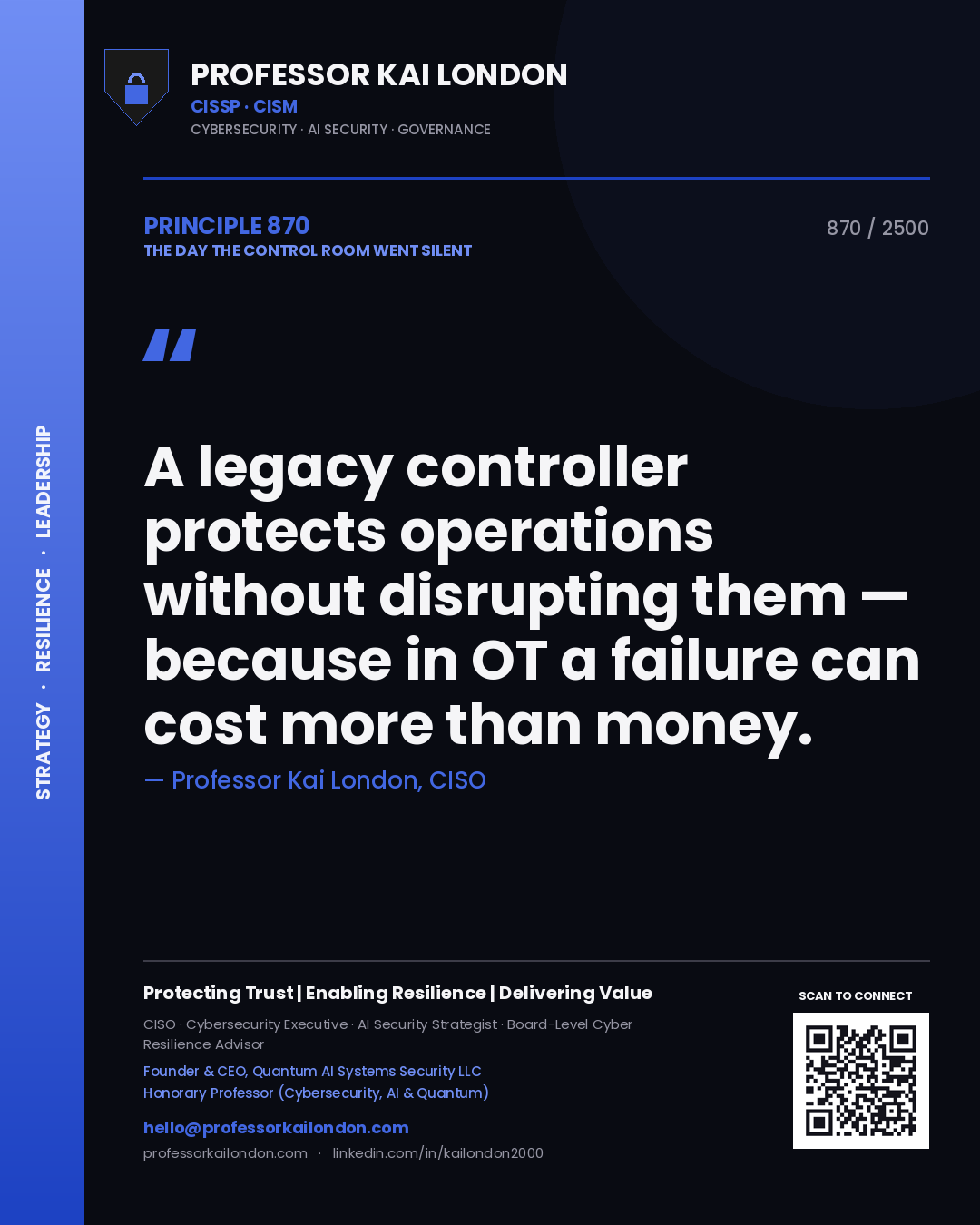 Professor Kai London principle 870: A legacy controller protects operations without disrupting them — because in OT a failure can cost more than money.