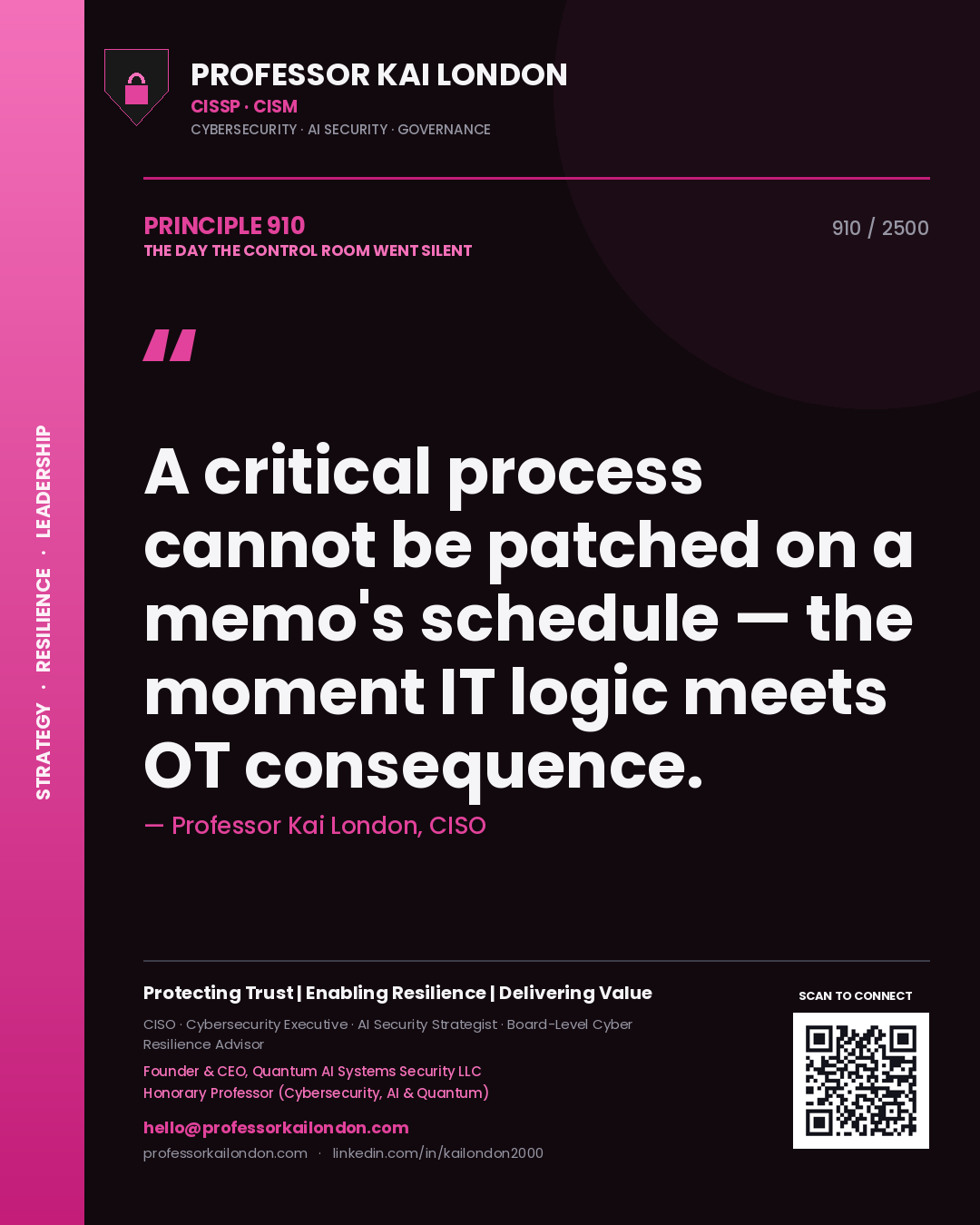 Professor Kai London principle 910: A critical process cannot be patched on a memo's schedule — the moment IT logic meets OT consequence.