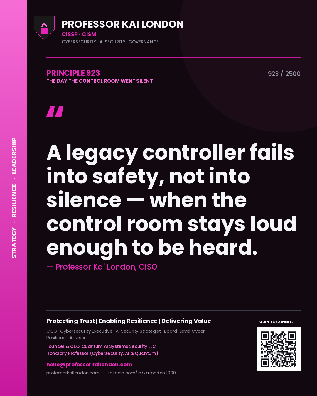 Professor Kai London principle 923: A legacy controller fails into safety, not into silence — when the control room stays loud enough to be heard.