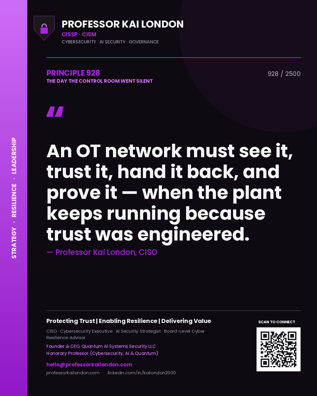 Professor Kai London principle 928: An OT network must see it, trust it, hand it back, and prove it — when the plant keeps running because trust was engineered.