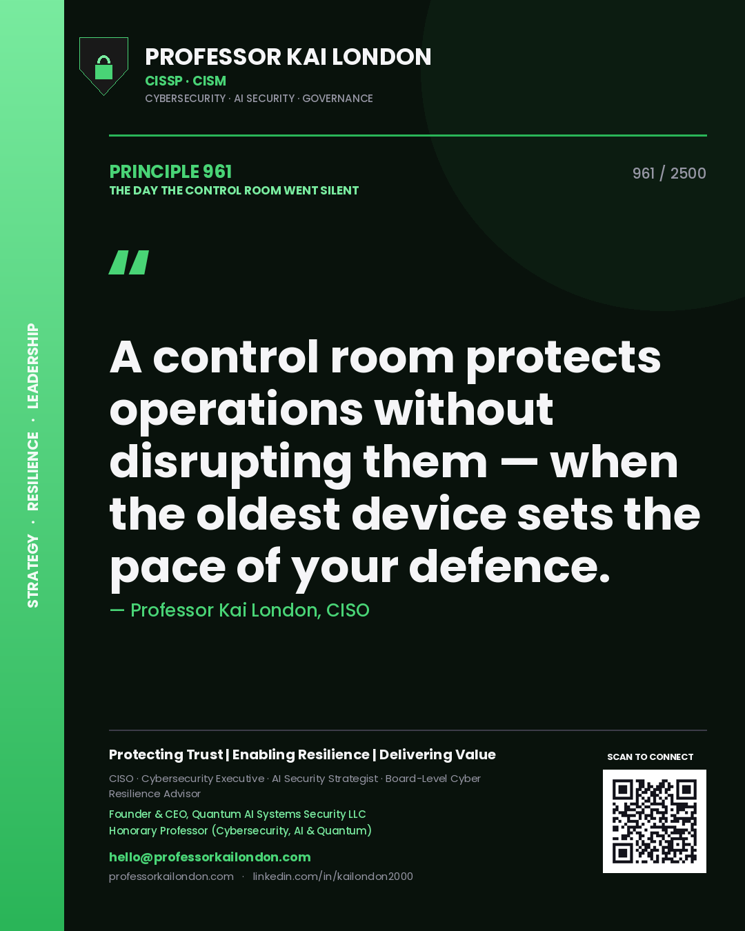 Professor Kai London principle 961: A control room protects operations without disrupting them — when the oldest device sets the pace of your defence.