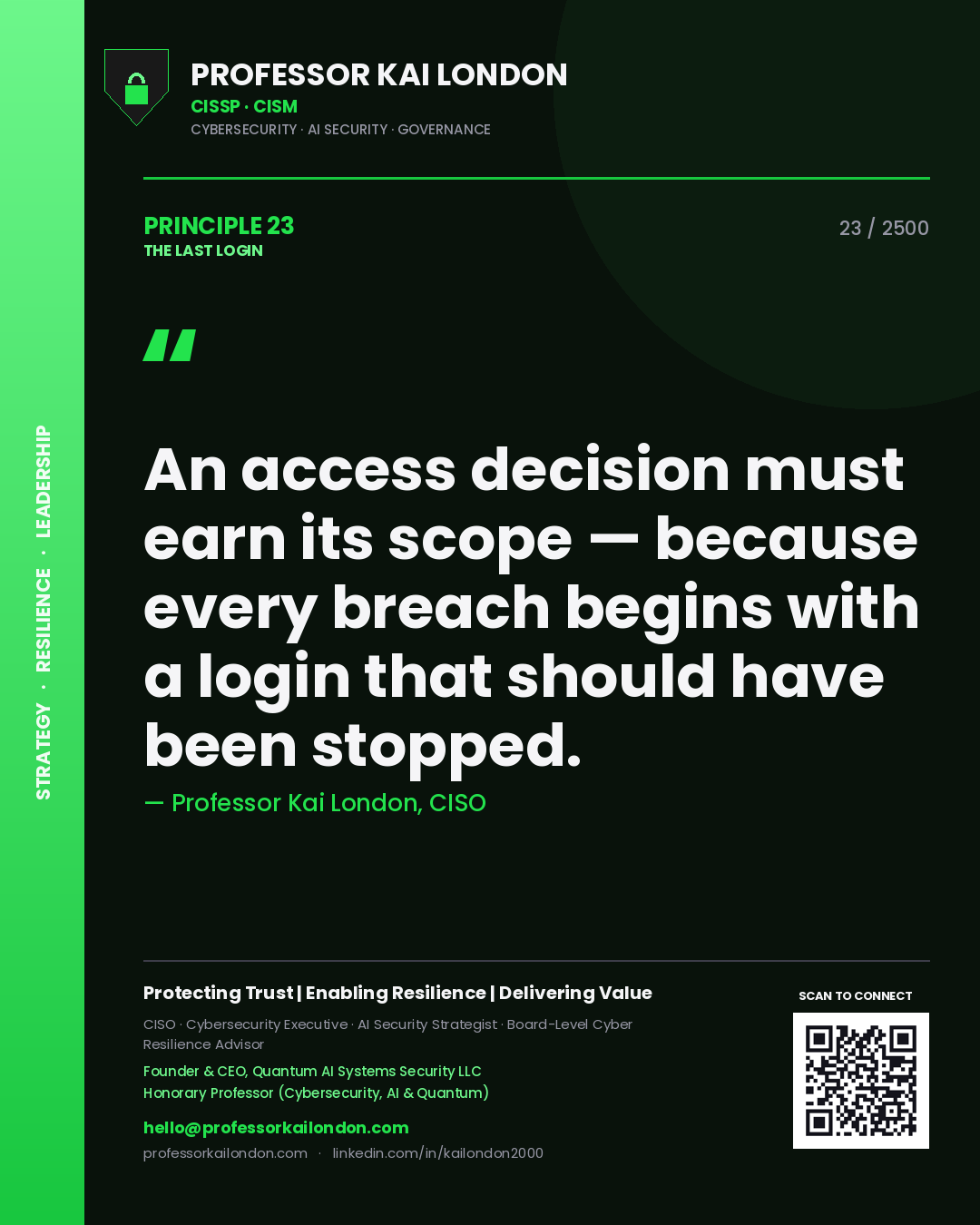Professor Kai London principle 23: An access decision must earn its scope — because every breach begins with a login that should have been stopped.