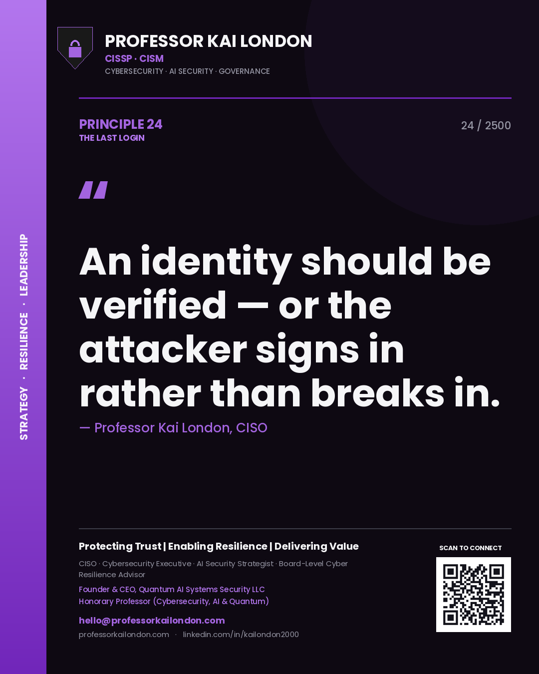 Professor Kai London principle 24: An identity should be verified — or the attacker signs in rather than breaks in.