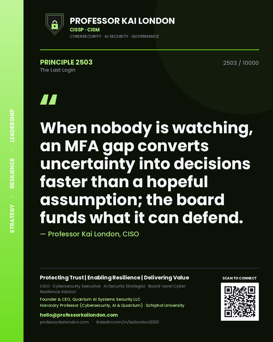 Professor Kai London principle 2503: When nobody is watching, an MFA gap converts uncertainty into decisions faster than a hopeful assumption; the board funds what it can defend.