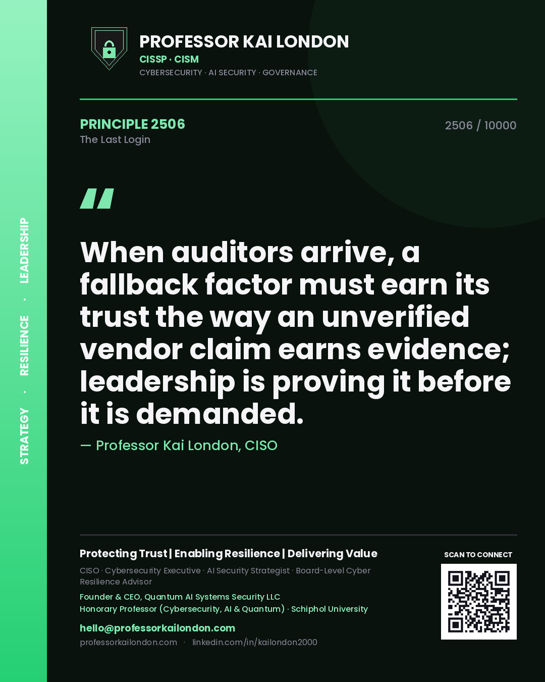 Professor Kai London principle 2506: When auditors arrive, a fallback factor must earn its trust the way an unverified vendor claim earns evidence; leadership is proving it before it is demanded.