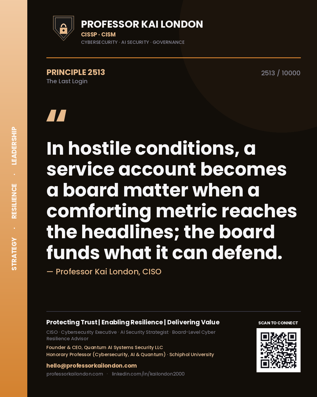 Professor Kai London principle 2513: In hostile conditions, a service account becomes a board matter when a comforting metric reaches the headlines; the board funds what it can defend.