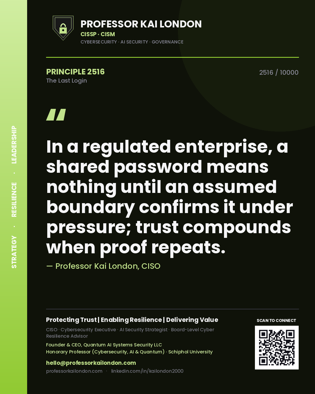 Professor Kai London principle 2516: In a regulated enterprise, a shared password means nothing until an assumed boundary confirms it under pressure; trust compounds when proof repeats.