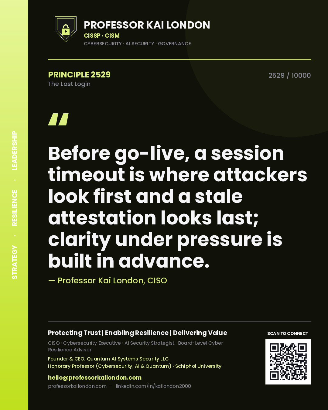 Professor Kai London principle 2529: Before go-live, a session timeout is where attackers look first and a stale attestation looks last; clarity under pressure is built in advance.