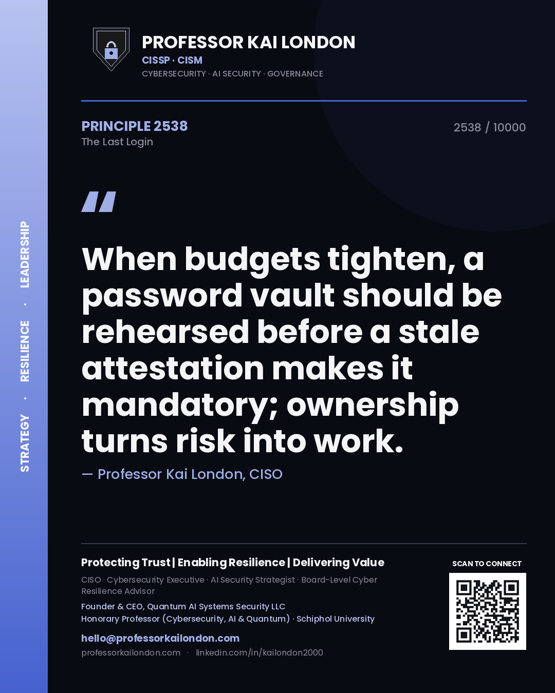 Professor Kai London principle 2538: When budgets tighten, a password vault should be rehearsed before a stale attestation makes it mandatory; ownership turns risk into work.