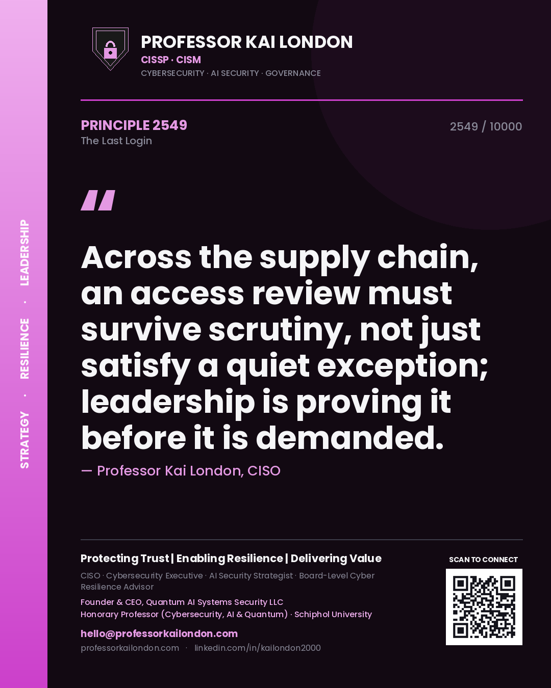 Professor Kai London principle 2549: Across the supply chain, an access review must survive scrutiny, not just satisfy a quiet exception; leadership is proving it before it is demanded.