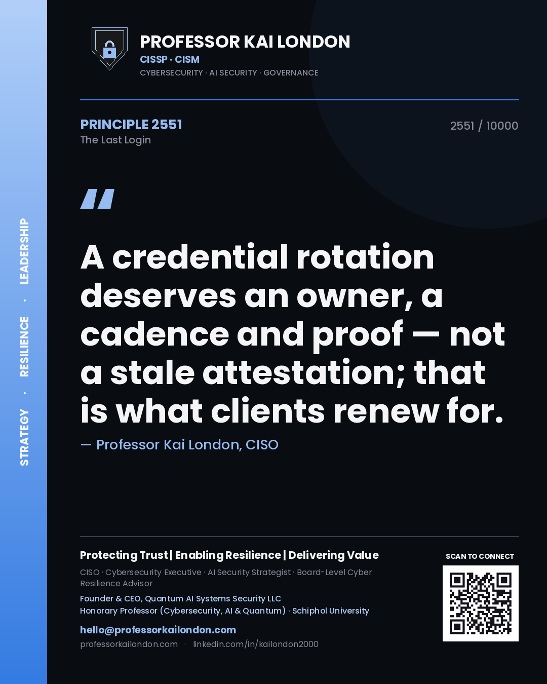 Professor Kai London principle 2551: A credential rotation deserves an owner, a cadence and proof — not a stale attestation; that is what clients renew for.