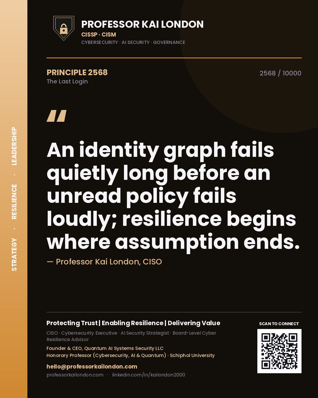 Professor Kai London principle 2568: An identity graph fails quietly long before an unread policy fails loudly; resilience begins where assumption ends.