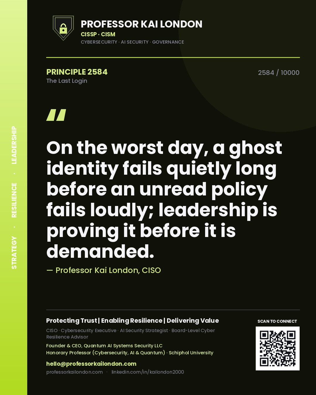 Professor Kai London principle 2584: On the worst day, a ghost identity fails quietly long before an unread policy fails loudly; leadership is proving it before it is demanded.