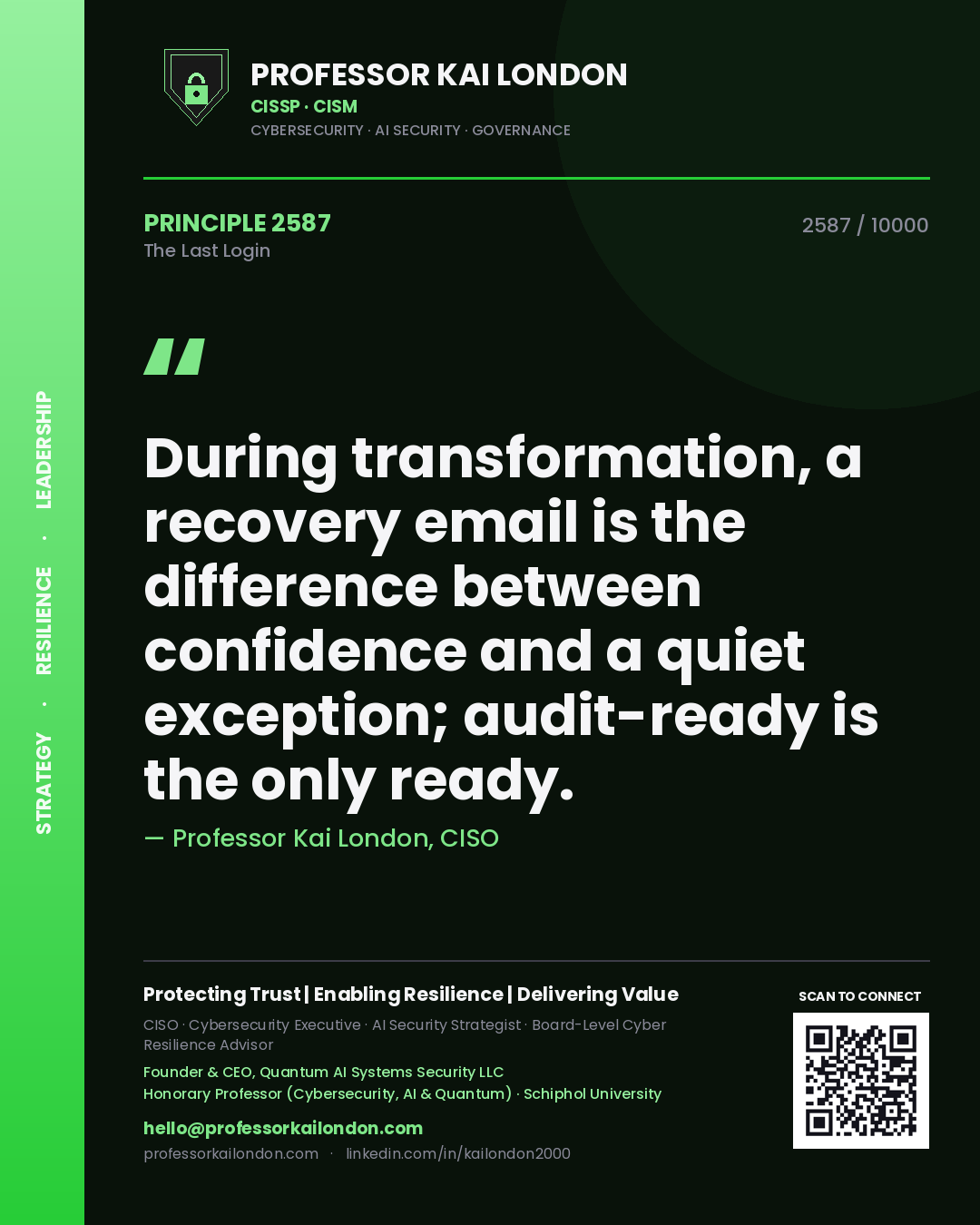 Professor Kai London principle 2587: During transformation, a recovery email is the difference between confidence and a quiet exception; audit-ready is the only ready.