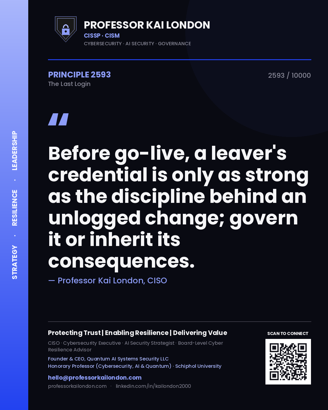 Professor Kai London principle 2593: Before go-live, a leaver's credential is only as strong as the discipline behind an unlogged change; govern it or inherit its consequences.