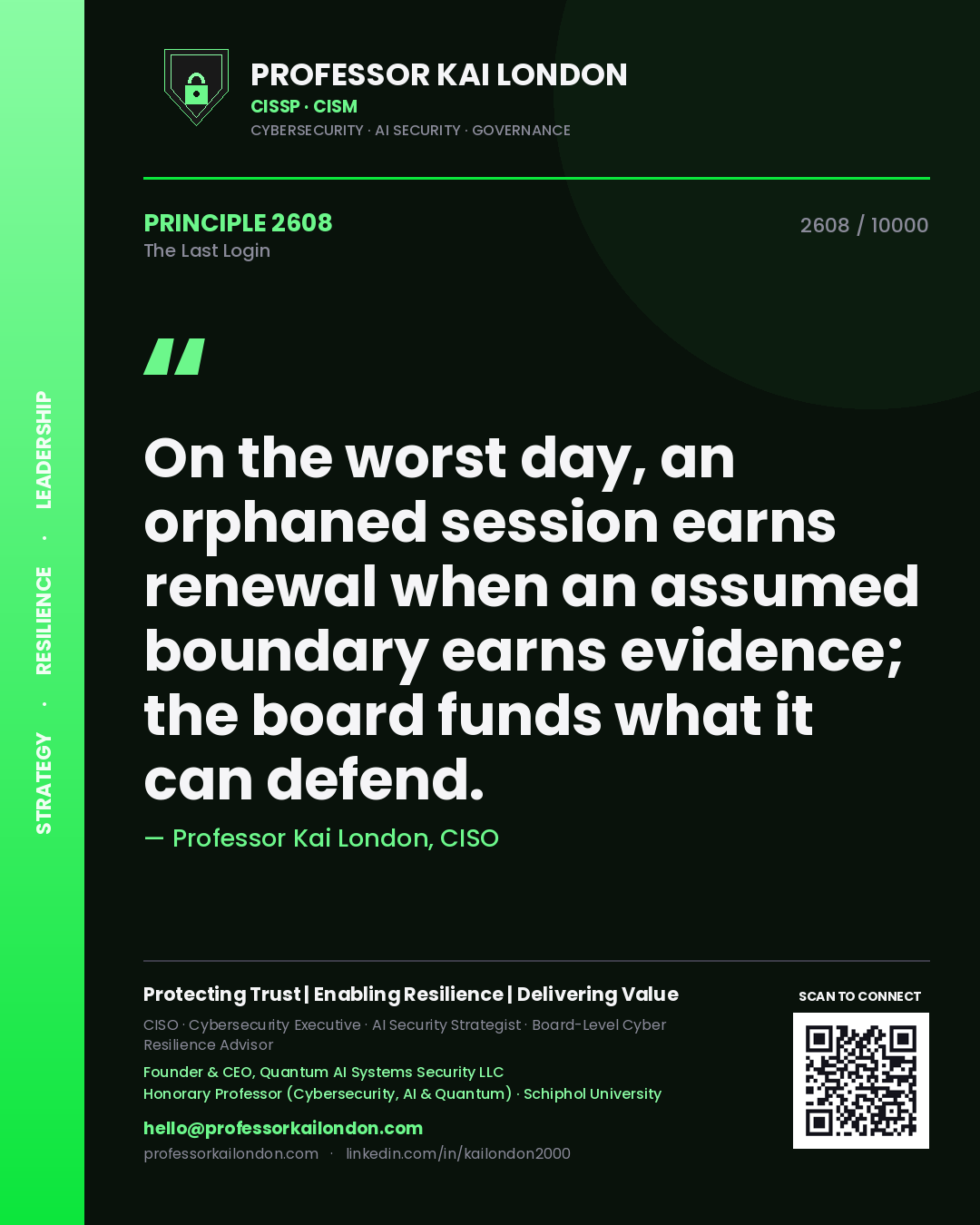 Professor Kai London principle 2608: On the worst day, an orphaned session earns renewal when an assumed boundary earns evidence; the board funds what it can defend.