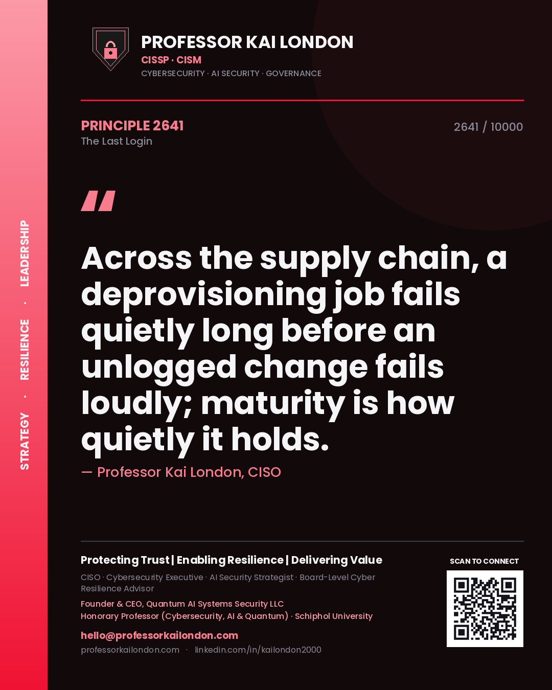 Professor Kai London principle 2641: Across the supply chain, a deprovisioning job fails quietly long before an unlogged change fails loudly; maturity is how quietly it holds.
